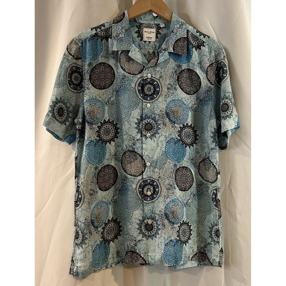 Murano‎ Baird McNutt Linen Shirt Mens Large White Blue Button Up Slim Fit Retro